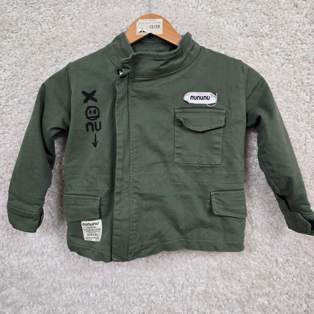 nununu Jacket Kids 3-4 Olive Green Sherpa Lined Control Freak Military Graphic